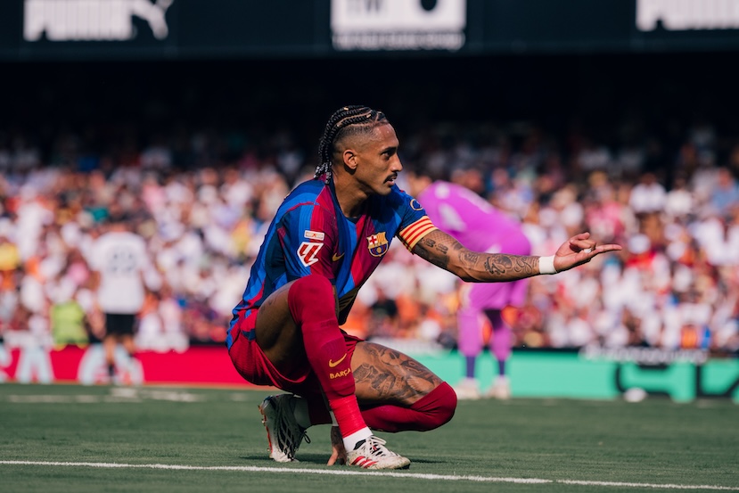 Raphinha celebrates after scoring for Barcelona during the 2026-27 season