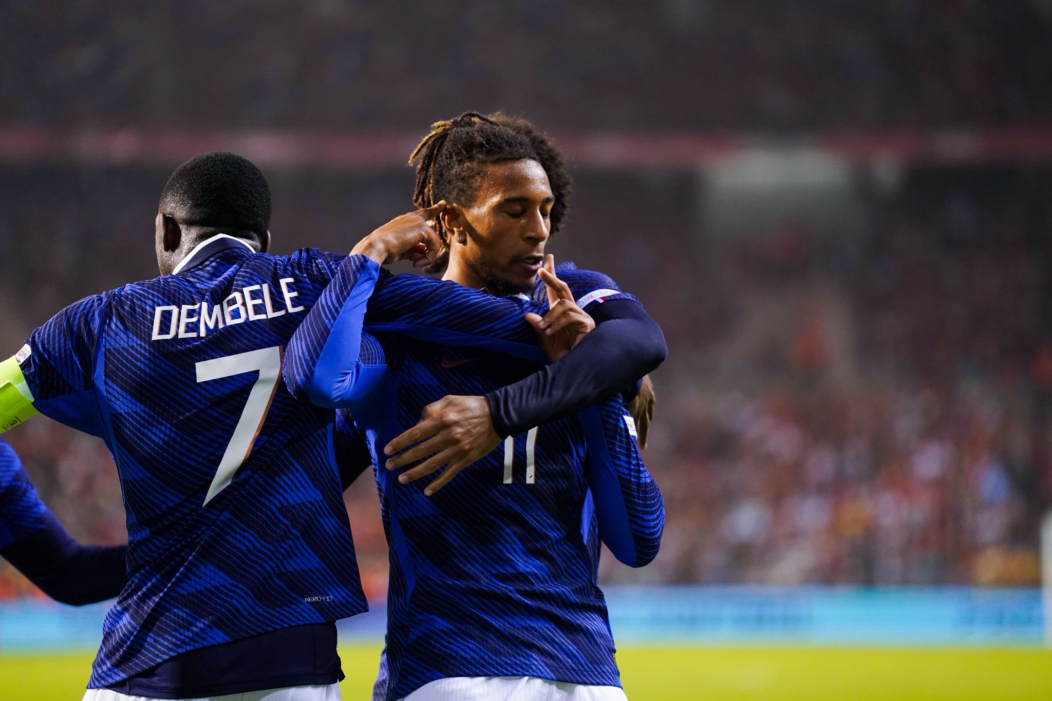 Michael Olise celebrates after scoring France’s late winner against Belgium in the UEFA Nations League