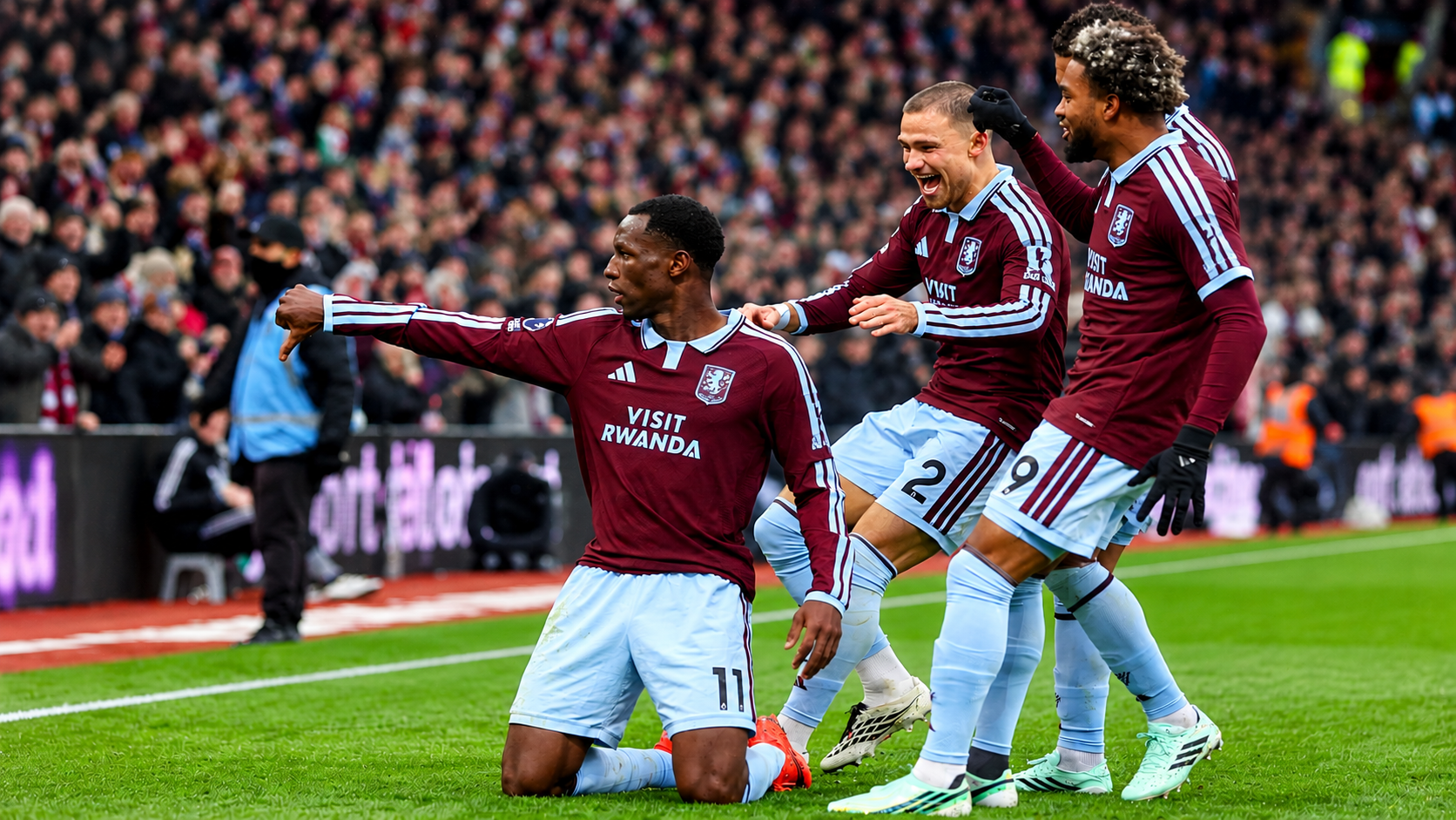 Nicolas Jackson celebrates scoring for Aston Villa against Manchester City in the Premier League.
