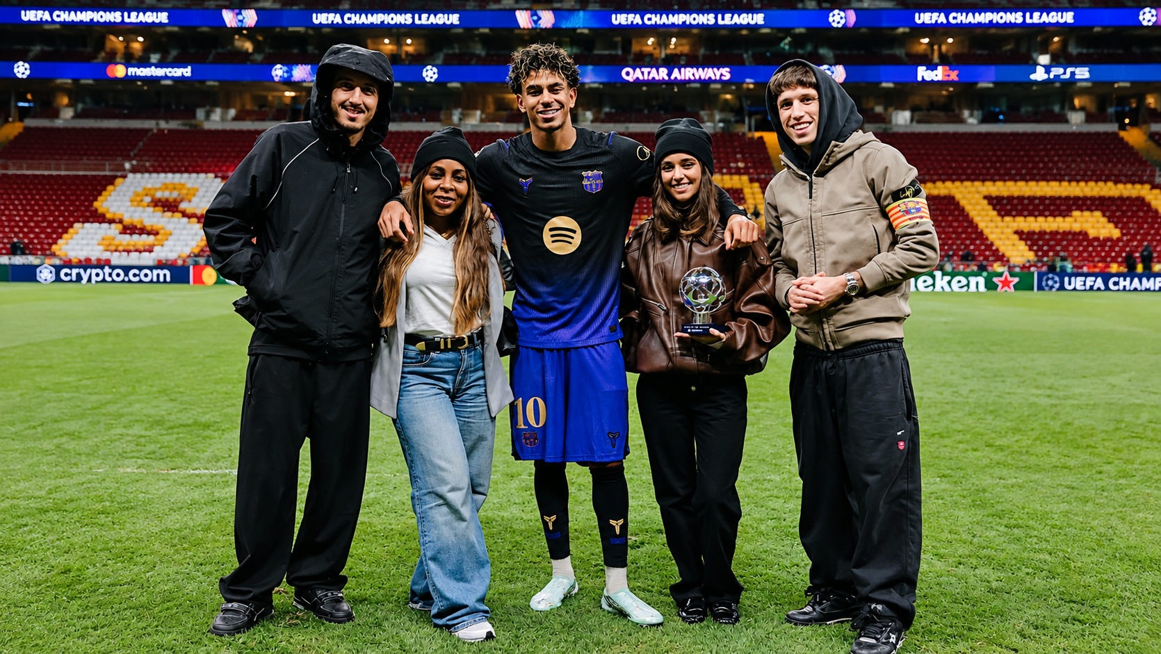 Lamine Yamal celebrates Barcelona’s Champions League victory over Galatasaray after winning Player of the Match.
