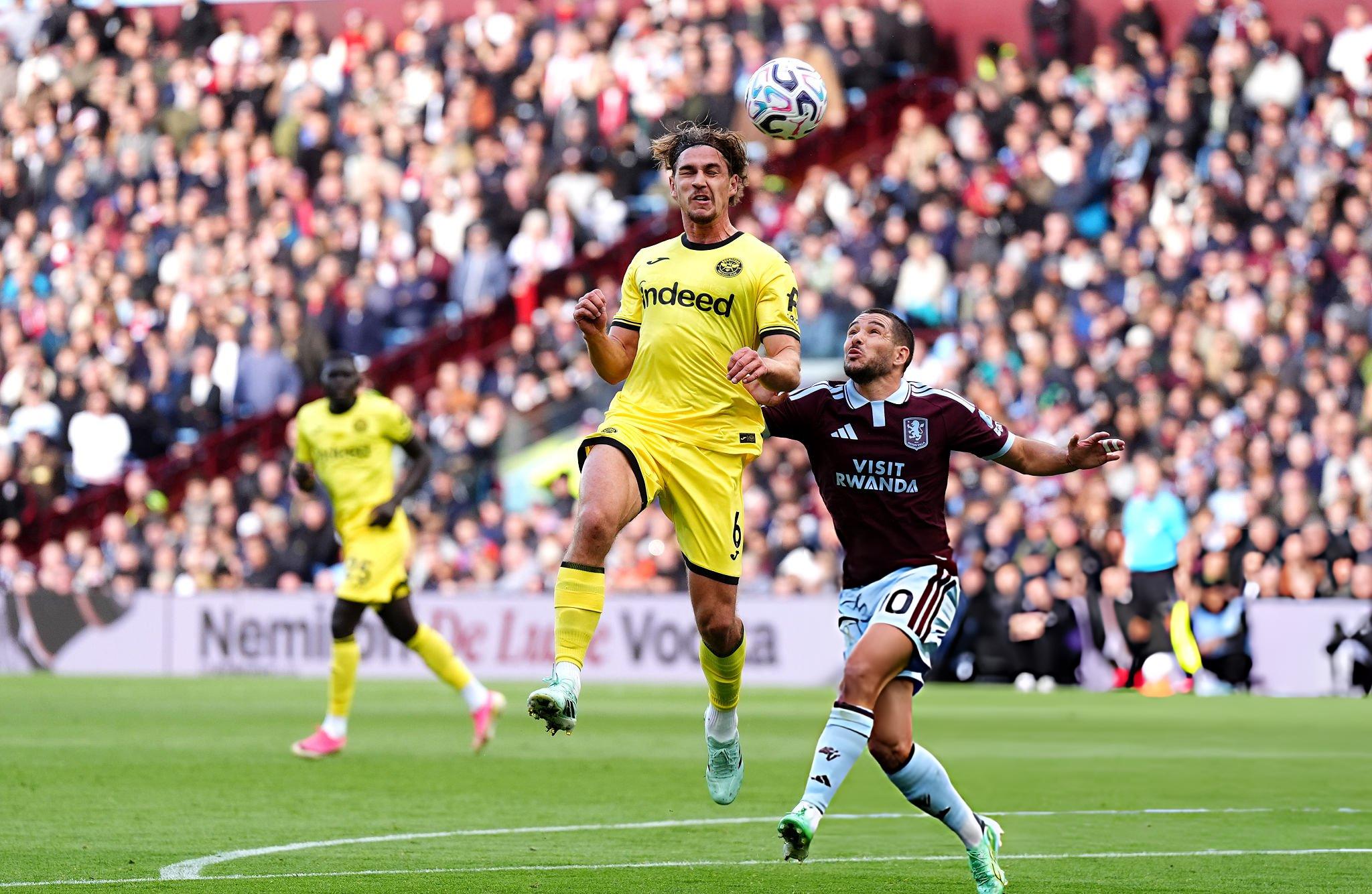 Aston Villa and Brentford players compete during their 2-2 Premier League draw at Villa Park.