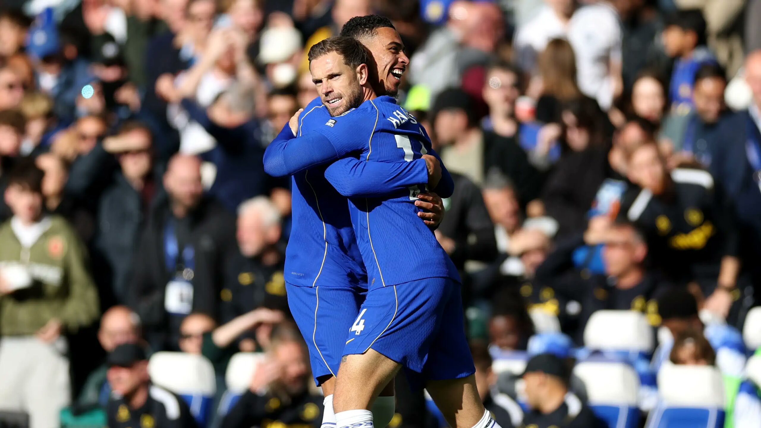 Chelsea players celebrate during their 5-1 Premier League victory over Bournemouth at Stamford Bridge.