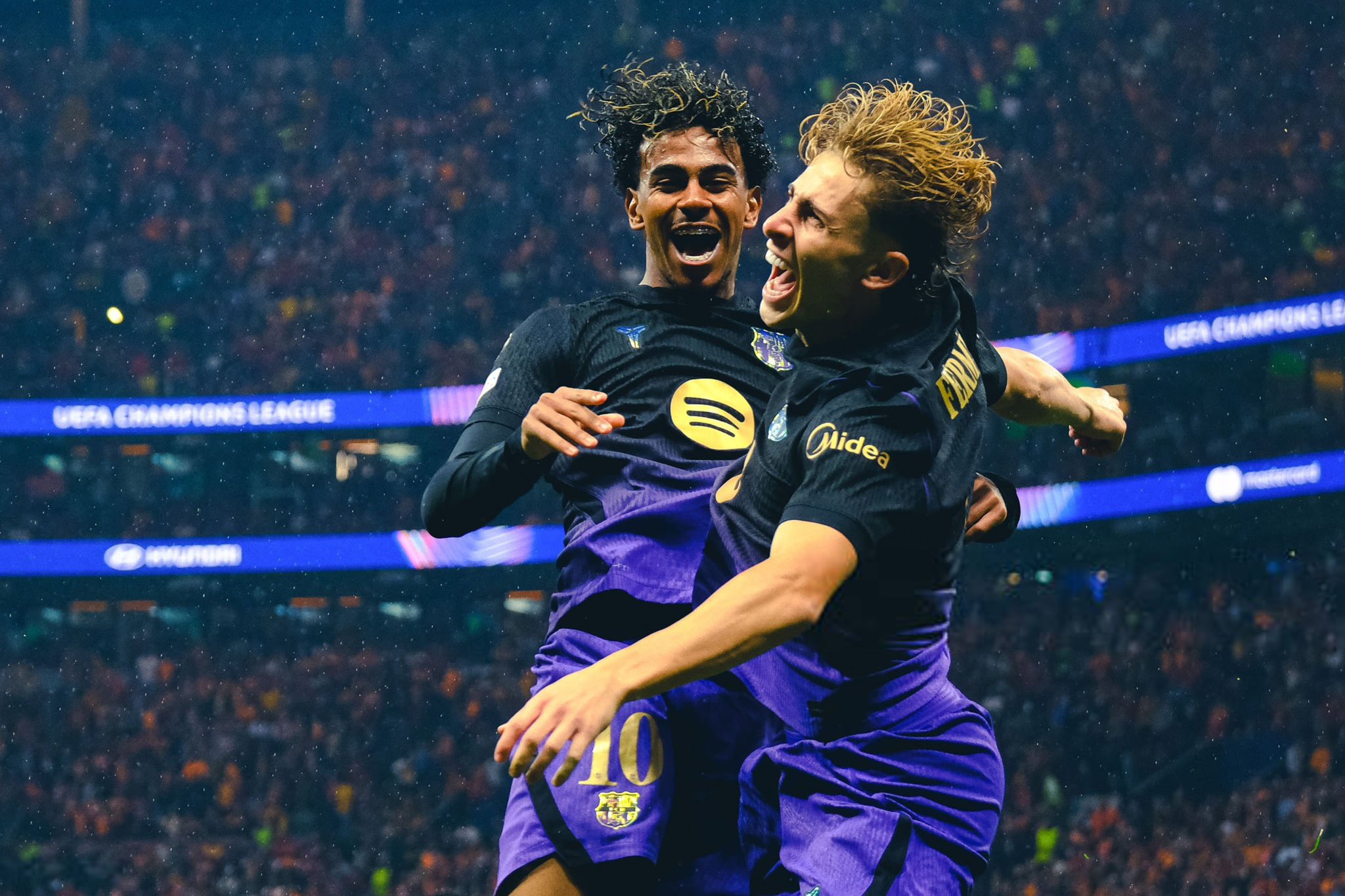 Barcelona players celebrate their 4-1 Champions League victory over Galatasaray at Rams Park in Istanbul.